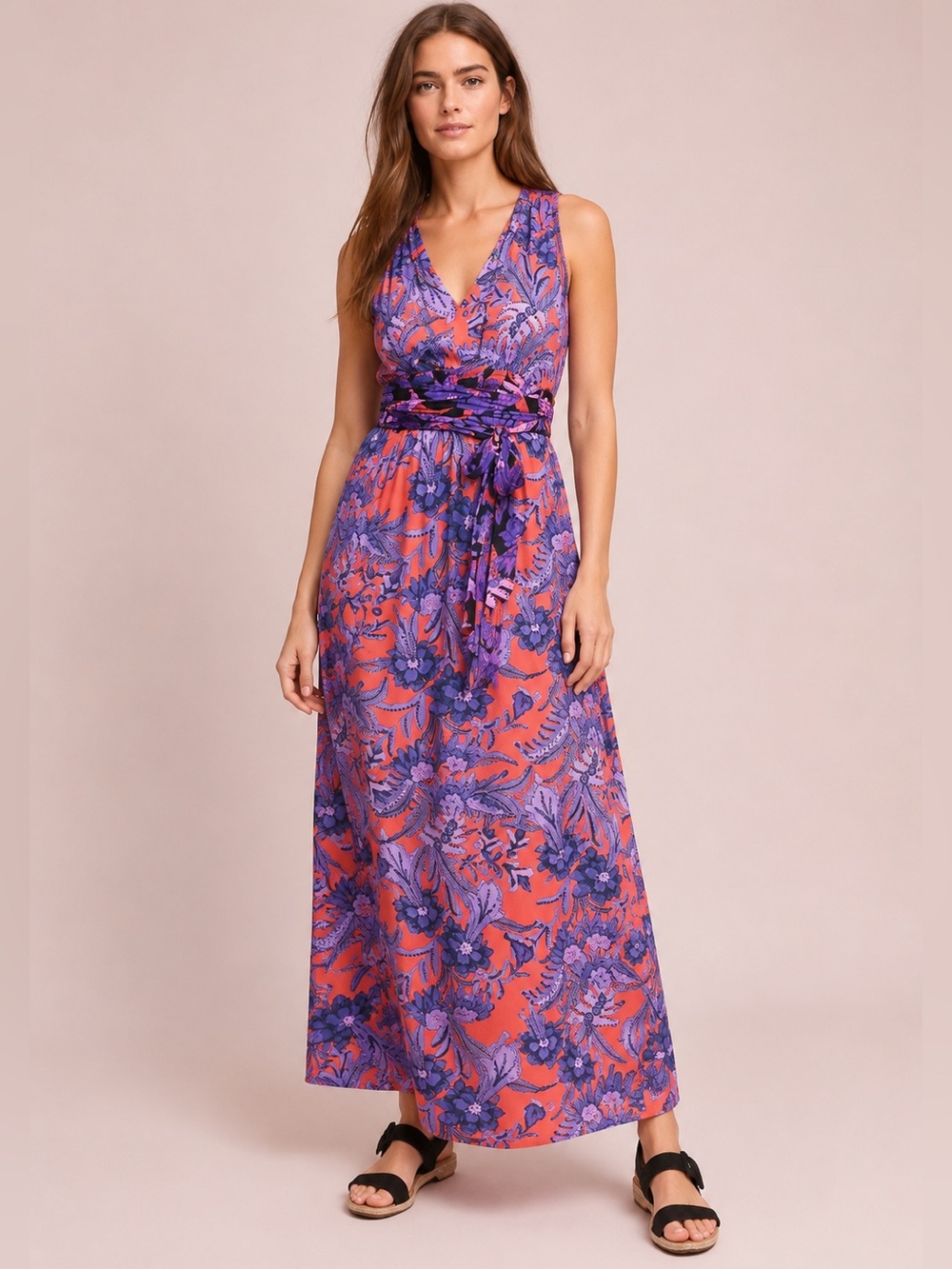 New Anthropologie Maeve Macie Maxi Dress Sz 12 Floral Purple Red V-Neck NWT - Picture 1 of 7